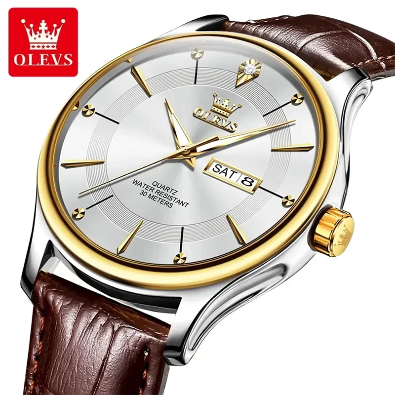 Olevs 9908 Silver Dial Brown Leather Strap Men's Watch